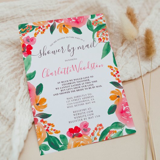 はっきりした秋ピンクオレンジフローラブライダルシャワーバイメール 招待状
