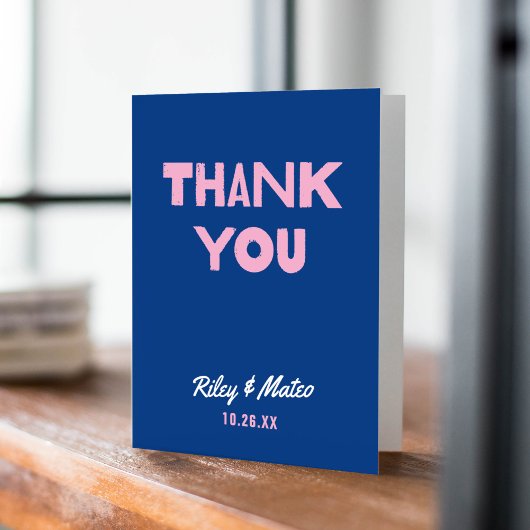 はっきりした種ファンキーモダンカラフルブルーピ結婚ンク サンキューカード