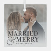 はっきりした結婚したメリー結婚の写真 ガラスオーナメント (正面)