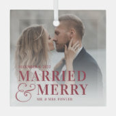 はっきりした結婚したメリー結婚の写真 ガラスオーナメント (正面)