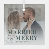 はっきりした結婚したメリー結婚の写真 ガラスオーナメント (正面)