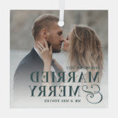 はっきりした結婚したメリー結婚の写真 ガラスオーナメント (裏面)