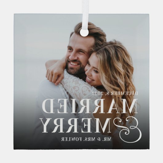 はっきりした結婚したメリー結婚の写真 ガラスオーナメント (裏面)