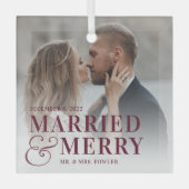 はっきりした結婚したメリー結婚の写真 ガラスオーナメント (正面)