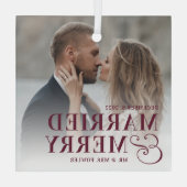 はっきりした結婚したメリー結婚の写真 ガラスオーナメント (裏面)