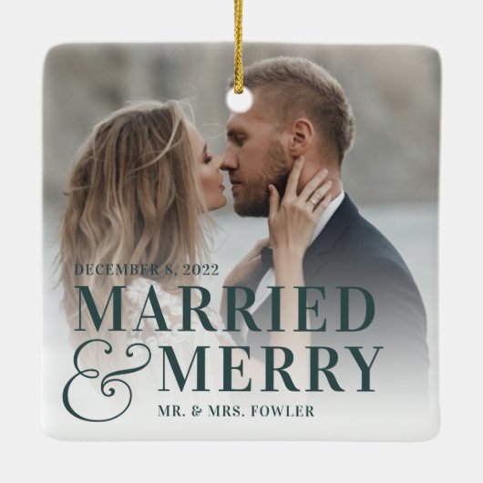 はっきりした結婚したメリー結婚の写真 セラミックオーナメント (裏面)