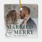 はっきりした結婚したメリー結婚の写真 セラミックオーナメント (正面)