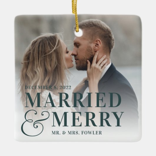 はっきりした結婚したメリー結婚の写真 セラミックオーナメント (正面)