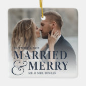 はっきりした結婚したメリー結婚の写真 セラミックオーナメント (正面)