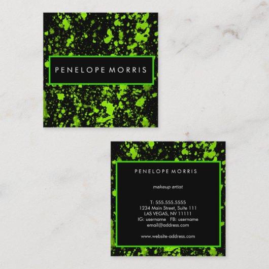 はっきりした緑と黒の絵を描（ばちゃばちゃ）跳ねる美しい スクエア名刺 (正面/裏面)