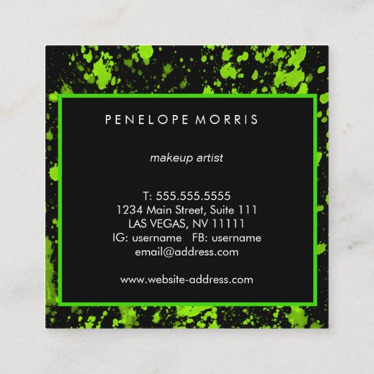 はっきりした緑と黒の絵を描（ばちゃばちゃ）跳ねる美しい スクエア名刺 (裏面)