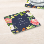 はっきりした縁どフローラはNavy Blue結婚's スクエアペーパーコースター (アングル)