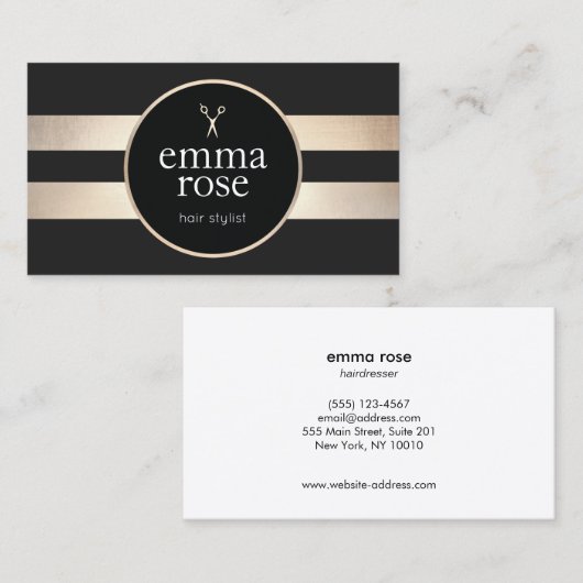 はっきりした美容師金ゴールドブラックストライプシザーズ 名刺 (正面/裏面)