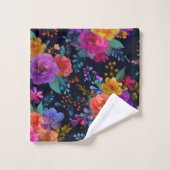 はっきりした花カラフル付き黒ヴィンテージフローラ バスタオルセット (ウォッシュタオル)