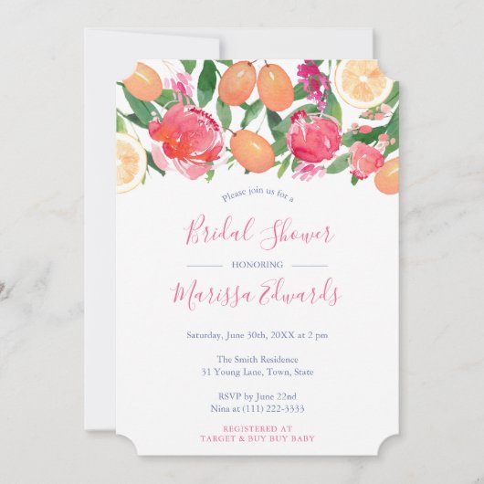 はっきりした花模様シトラッスペインのツ&タイルブライダルシャワー 招待状 (正面)