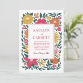 はっきりした花模様マゼンタオレンジ結婚色 招待状 (スタンド正面)