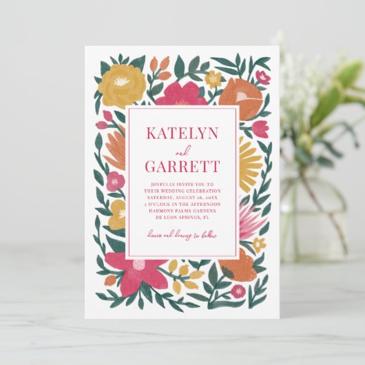 はっきりした花模様マゼンタオレンジ結婚色 招待状 (スタンド正面)