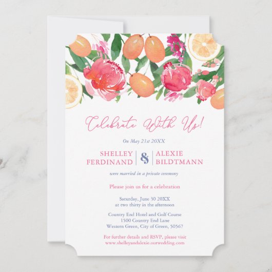 はっきりした花模様&柑橘系タスペインのイル披露宴のみ 招待状 (正面)