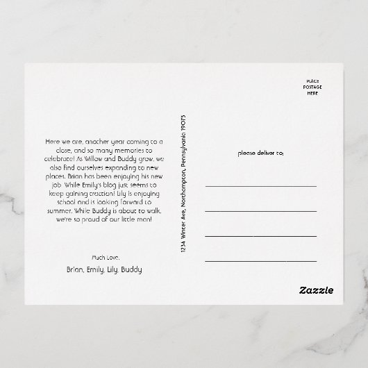 はっきりした赤モダン写真メリークリスマス金ゴールド 箔シーズンポストカード (裏面)