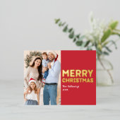 はっきりした赤モダン写真メリークリスマス金ゴールド 箔シーズンポストカード (立ち正面)