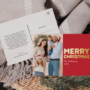 はっきりした赤モダン写真メリークリスマス金ゴールド 箔シーズンポストカード