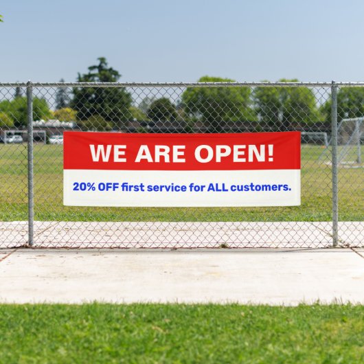 はっきりした赤白青は営業している 横断幕 (インサイチュ)