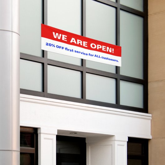 はっきりした赤白青は営業している 横断幕 (ビルの外側)