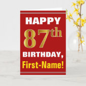 はっきりした赤、フェイク金ゴールド87番目の誕生日(名刺あり) カード (黄色い花)