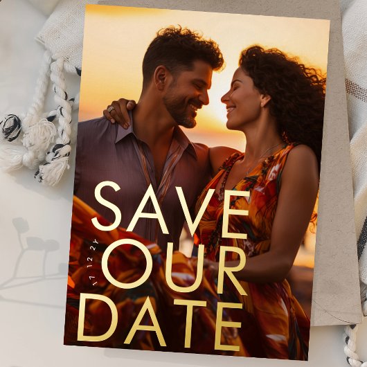 はっきりした超モダン金ゴールド救写真当日付 箔招待状