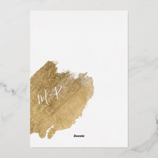 はっきりした金ゴールドのブラシストローク白シック結婚シックイニシャル 箔招待状 (裏面)