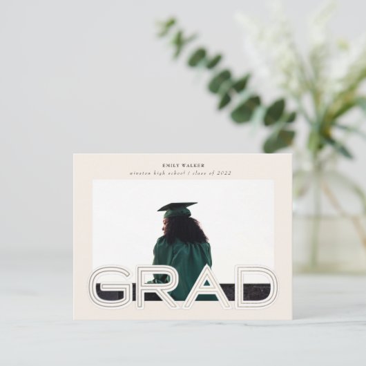 はっきりした金ゴールドスクリプトの卒業発表写真 案内ポストカード (スタンド正面)