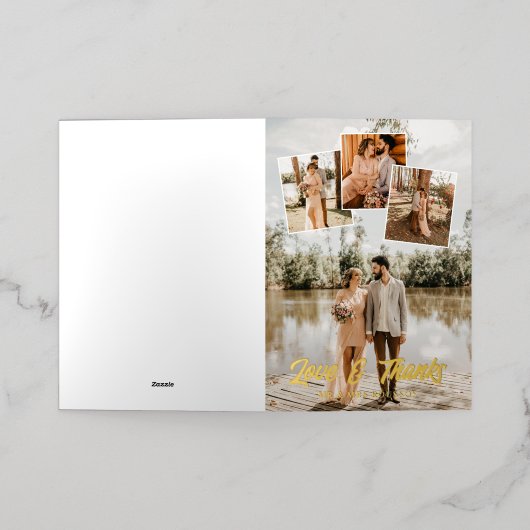 はっきりした金ゴールドス結婚クリプトの写真コラージュ 箔グリーティングカード (外側レイダウン)