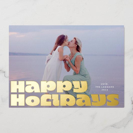 はっきりした金ゴールドモダンタイポグラフィ写真クリスマスハッピークリスマスハッピーページ 箔シーズンカード (正面)