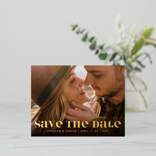 はっきりした金ゴールドモダン文字写真はがき日付を保存 箔シーズンポストカード (立ち正面)