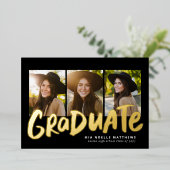 はっきりした金ゴールドモダン3枚卒業 箔招待状 (立ち正面)