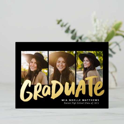 はっきりした金ゴールドモダン3枚卒業 箔招待状 (立ち正面)