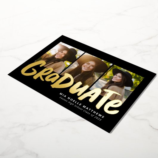 はっきりした金ゴールドモダン3枚卒業 箔招待状 (回転した状態)