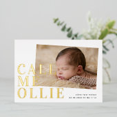 はっきりした金ゴールド写真の電話ベビーの誕生発表 箔招待状 (立ち正面)