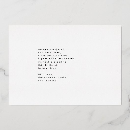 はっきりした金ゴールド写真の電話ベビーの誕生発表 箔招待状 (裏面)