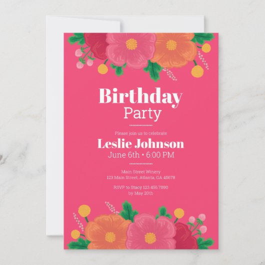 はっきりした開花誕生日パーティーの招待 招待状 (正面)