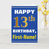 はっきりした青、フェイク金ゴールド13番目の誕生日(名前カード付き) カード (黄色い花)