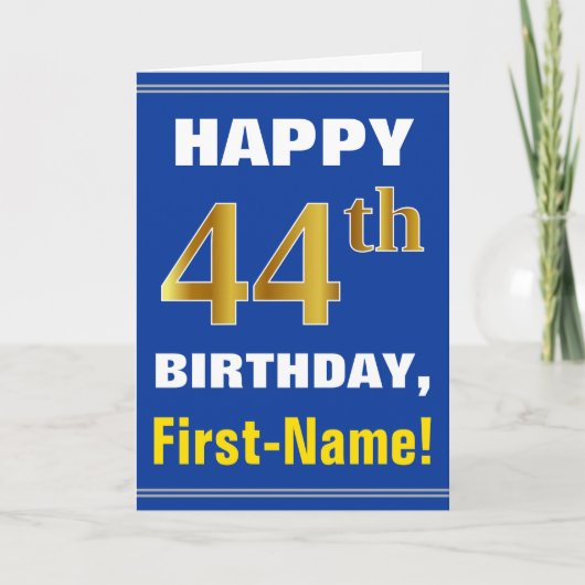 はっきりした青、フェイク金ゴールド44番目の誕生日(名前カード付き) カード (正面)