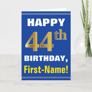 はっきりした青、フェイク金ゴールド44番目の誕生日(名前カード付き) カード