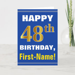 はっきりした青、フェイク金ゴールド48番目の誕生日（名前カード付き） カード