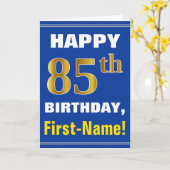 はっきりした青、フェイク金ゴールド85番目の誕生日（名前カード付き） カード (黄色い花)