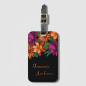 はっきりした鮮やかカラフル咲く花ブラックシック ラゲッジタグ (正面縦)