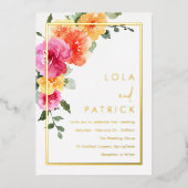 はっきりした鮮やかカラフル結婚フローラ金ゴールド 箔招待状 (正面)