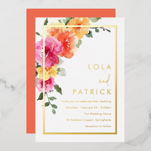 はっきりした鮮やかカラフル結婚フローラ金ゴールド 箔招待状 (正面/裏面)