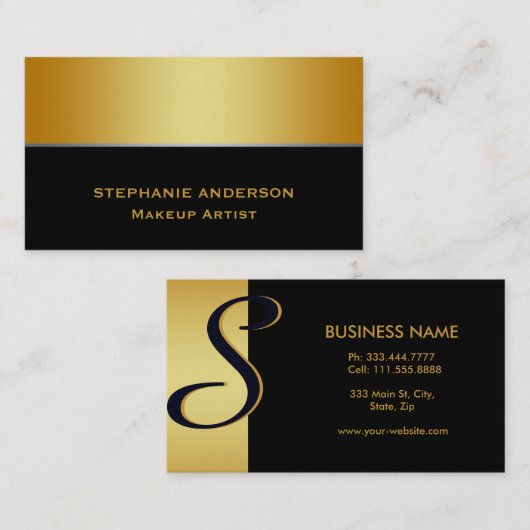 はっきりした黒エレガント金ゴールドストライプのメイクアップ 名刺 (正面/裏面)
