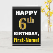 はっきりした黒、フェイク金ゴールド6番目の誕生日(名刺あり) カード (黄色い花)